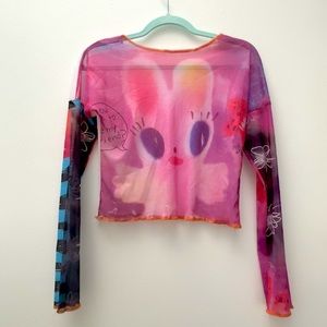 Bunny print mesh sheer long sleeve top